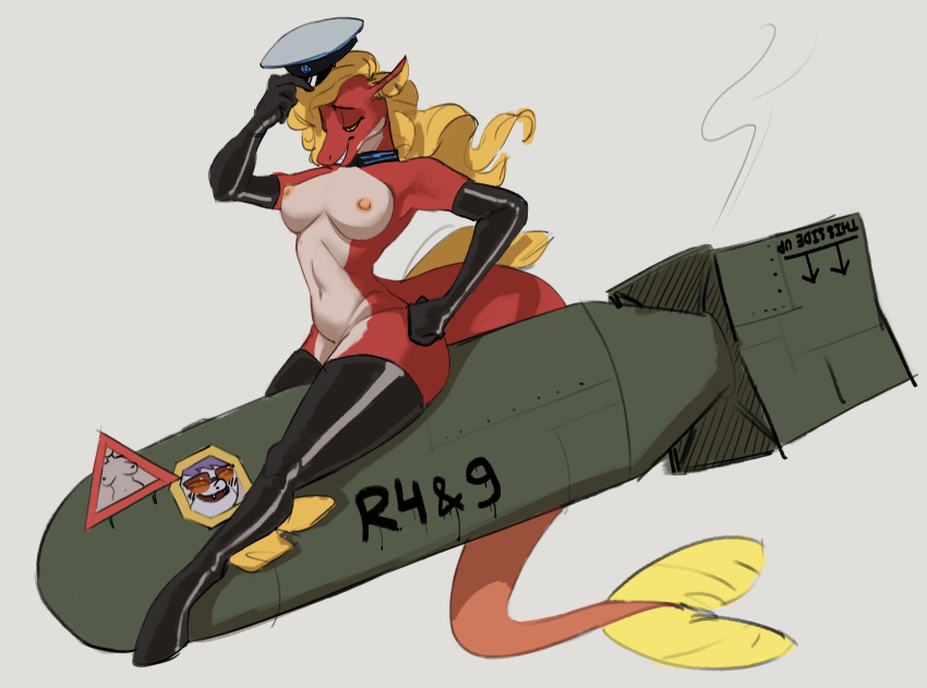 absurd_res anthro bomb breasts clothing explosives female fish gloves handwear hasbro hi_res latex latex_gloves latex_stockings marine my_little_pony nipples pinup pose riding seahorse simple_background solo syngnathid syngnathiform third-degree_apathy