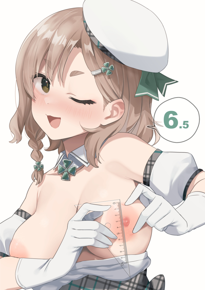 1girl absurdres areola_measuring aumann blush braid breasts brown_hair clothes_pull detached_collar gloves hair_ornament hairclip hat highres large_breasts looking_at_viewer measuring nipples one_eye_closed open_mouth original set_square simple_background solo speech_bubble upper_body white_background white_gloves white_headwear