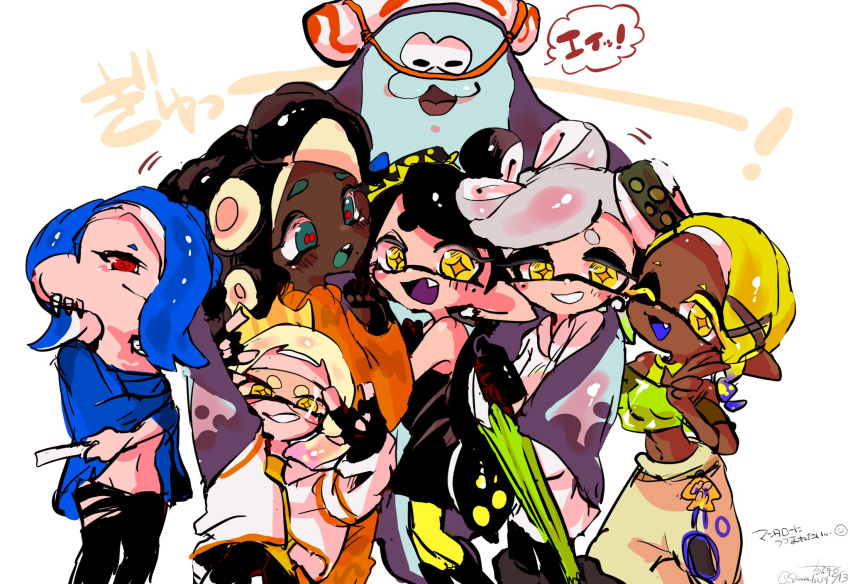 +_+ 1boy 6+girls :d ;d aqua_eyes aqua_tongue bare_shoulders big_man_(splatoon) black_gloves black_hair black_pants blonde_hair blue_hair blue_tongue breasts callie_(splatoon) cephalopod_eyes clothing_cutout colored_eyelashes colored_tongue cousins crop_top dark-skinned_female dark_skin domino_mask earrings fang fingerless_gloves folded_fan folding_fan frye_(splatoon) gloves gradient_hair green_umbrella hair_over_one_eye hand_fan harem_pants highres holding holding_fan holding_umbrella horizontal_pupils jewelry long_hair lowleg lowleg_pants manta_ray marie_(splatoon) marina_(splatoon) mask medium_breasts mismatched_eyebrows mole mole_under_eye mole_under_mouth multicolored_hair multiple_earrings multiple_girls navel octarian one_eye_closed pants pantyhose pearl_(splatoon) pink_hair pointy_ears poncho purple_tongue red_eyes red_pupils shiver_(splatoon) simple_background sleeveless smile splatoon_(series) splatoon_3 splinter_fish59 suction_cups tentacle_hair two-tone_hair umbrella visor white_background yellow_crop_top yellow_eyes