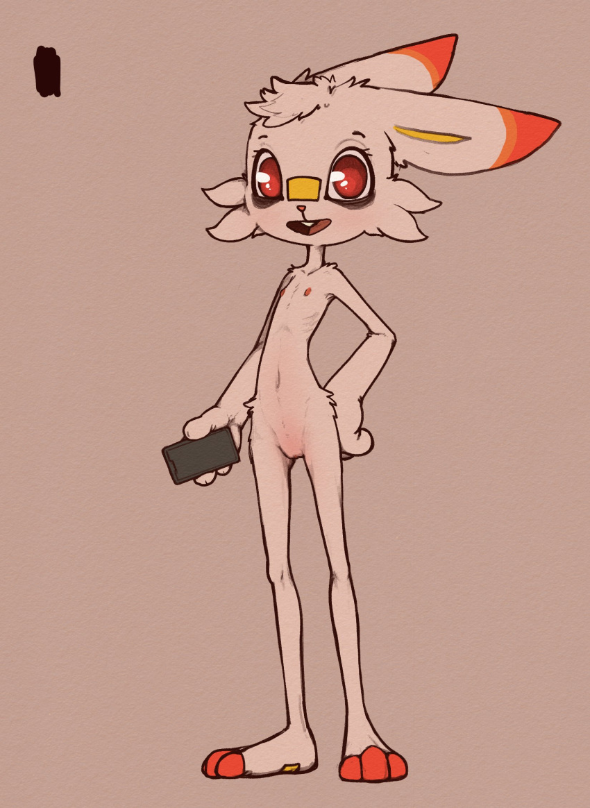 anthro female flat_chested genitals grey_background hi_res holding_object looking_at_viewer nintendo nude open_mouth phone pok&eacute;mon pok&eacute;mon_(species) pok&eacute;morph pussy red_eyes scorbunny scruffythedeer simple_background solo video_games white_body