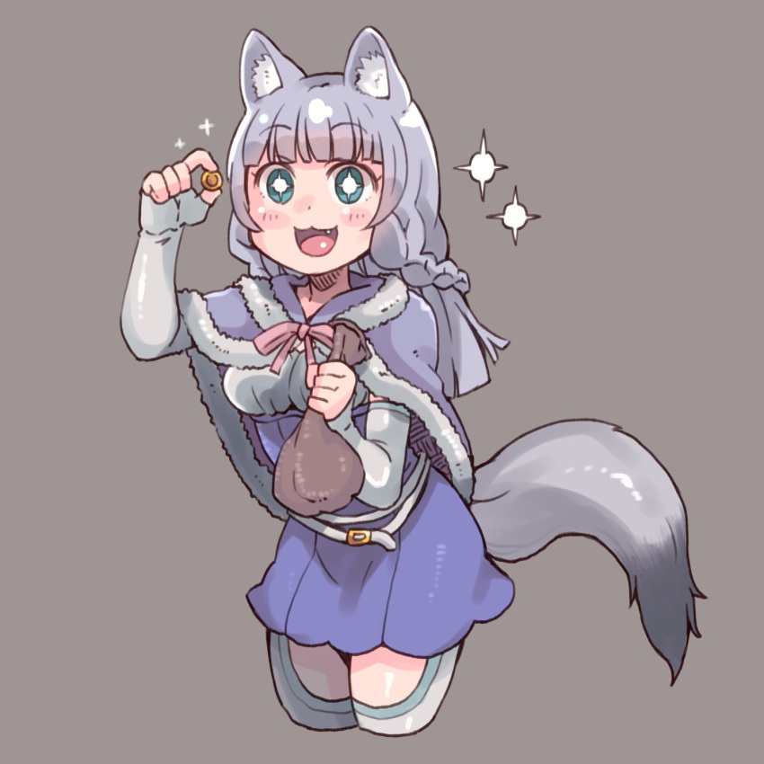 +_+ 1girl :3 animal_ear_fluff animal_ears aqua_eyes bangs blunt_bangs blush breasts capelet coin cropped_legs dress elbow_gloves es_(eisis) fang fingerless_gloves fur-trimmed_capelet fur_trim gloves grey_background highres holding kemonomichi light_purple_hair long_hair looking_at_viewer medium_breasts moneybag purple_capelet purple_dress shigure_(kemonomichi) simple_background solo tail white_gloves wolf_ears wolf_girl wolf_tail