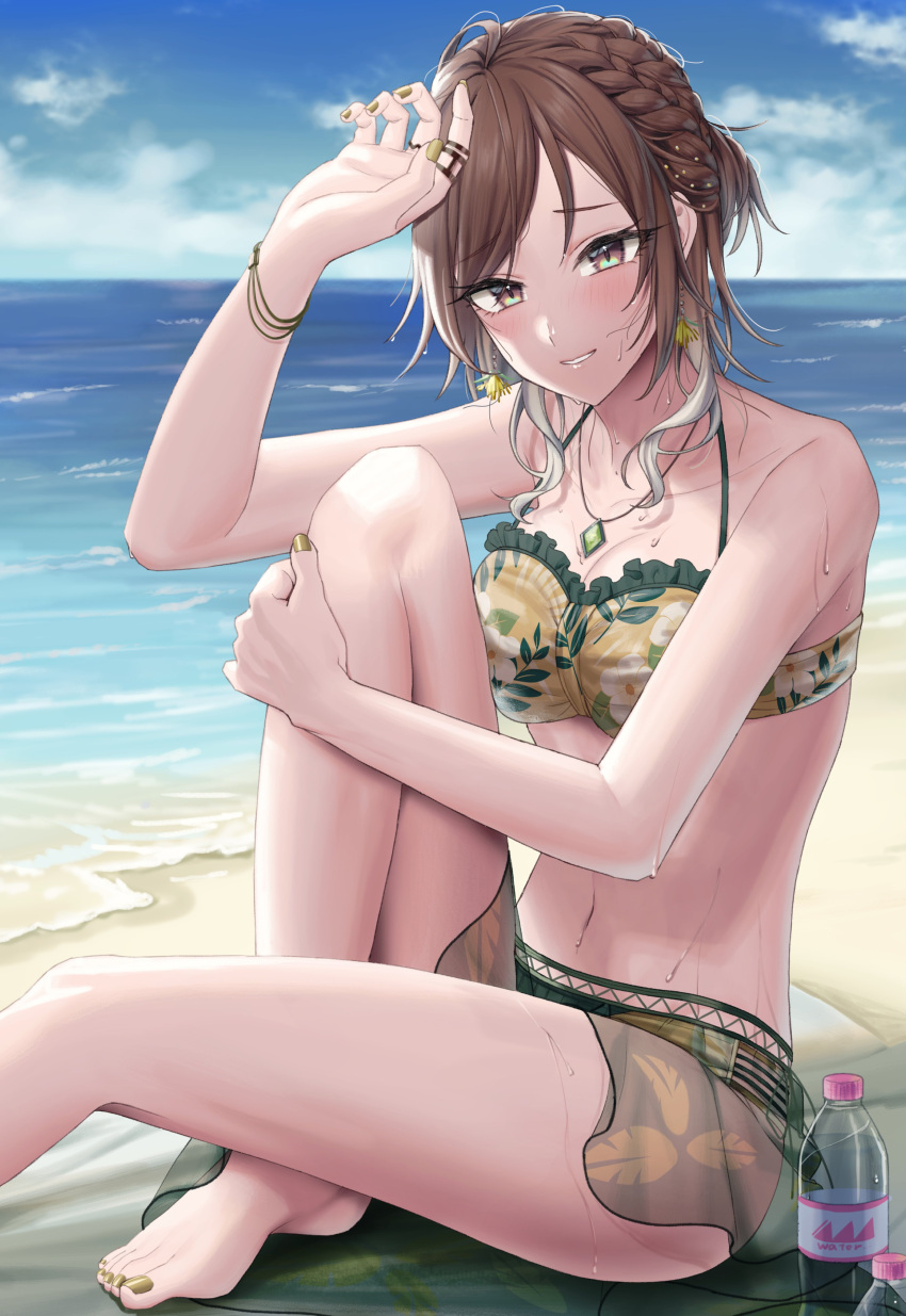 1girl absurdres aketa_mikoto alternate_hairstyle beach bikini bikini_skirt blush bottle bracelet braid breasts brown_hair cleavage collarbone gem gradient_hair green_bikini highres horizon hourai_ninjin hugging_own_legs idolmaster idolmaster_shiny_colors jewelry knee_up light_brown_hair looking_at_viewer mat medium_breasts multicolored_hair nail_polish navel necklace ring see-through see-through_skirt sitting skirt smile solo sweatdrop swimsuit toenail_polish toenails water_bottle