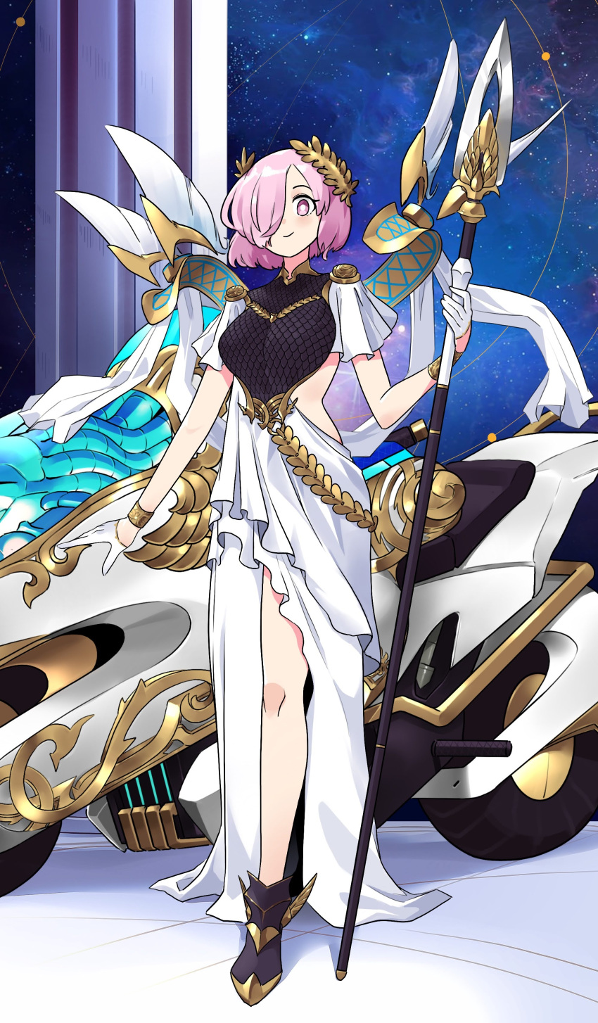 1girl absurdres armor athena_(mythology) black_footwear boots breasts dress english_commentary fate/grand_order fate_(series) gloves ground_vehicle hair_over_one_eye half_gloves head_wreath highres holding holding_polearm holding_weapon large_breasts mash_kyrielight monkey_jon motor_vehicle motorcycle polearm purple_eyes purple_hair scale_armor short_hair solo standing weapon white_dress white_gloves