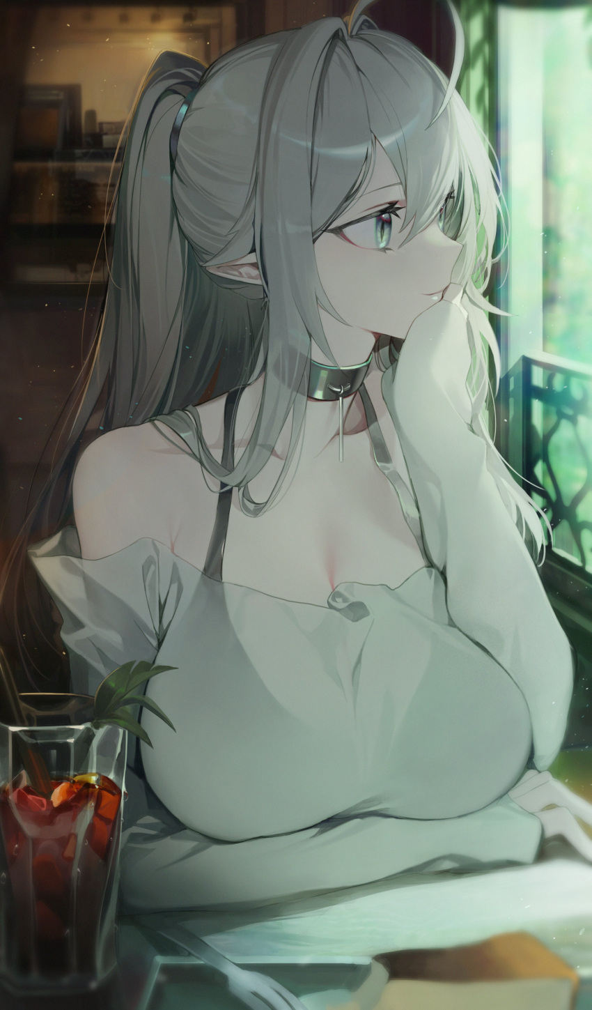 1girl absurdres ahoge bare_shoulders black_choker breasts choker chyan cleavage collarbone cup drink drinking_glass fork grey_hair hair_over_shoulder highres indoors large_breasts long_hair long_sleeves looking_to_the_side original pointy_ears ponytail shirt slit_pupils solo upper_body white_eyes white_hair white_shirt window