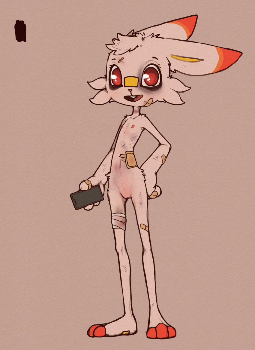 anthro female flat_chested genitals grey_background hi_res holding_object looking_at_viewer nintendo nude open_mouth phone pok&eacute;mon pok&eacute;mon_(species) pok&eacute;morph pussy red_eyes scorbunny scruffythedeer simple_background solo video_games white_body