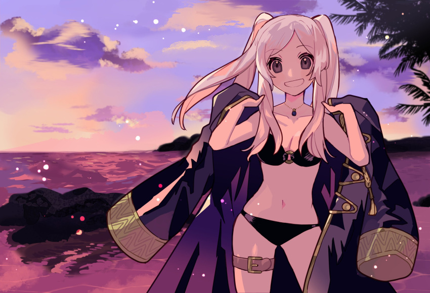 1girl beach bikini black_bikini coat coat_on_shoulders fire_emblem fire_emblem_awakening fire_emblem_heroes grey_eyes highres jewelry kurimori long_hair navel o-ring o-ring_bikini ocean palm_tree pendant robin_(fire_emblem) robin_(fire_emblem)_(female) swimsuit thigh_strap tree twilight twintails white_hair