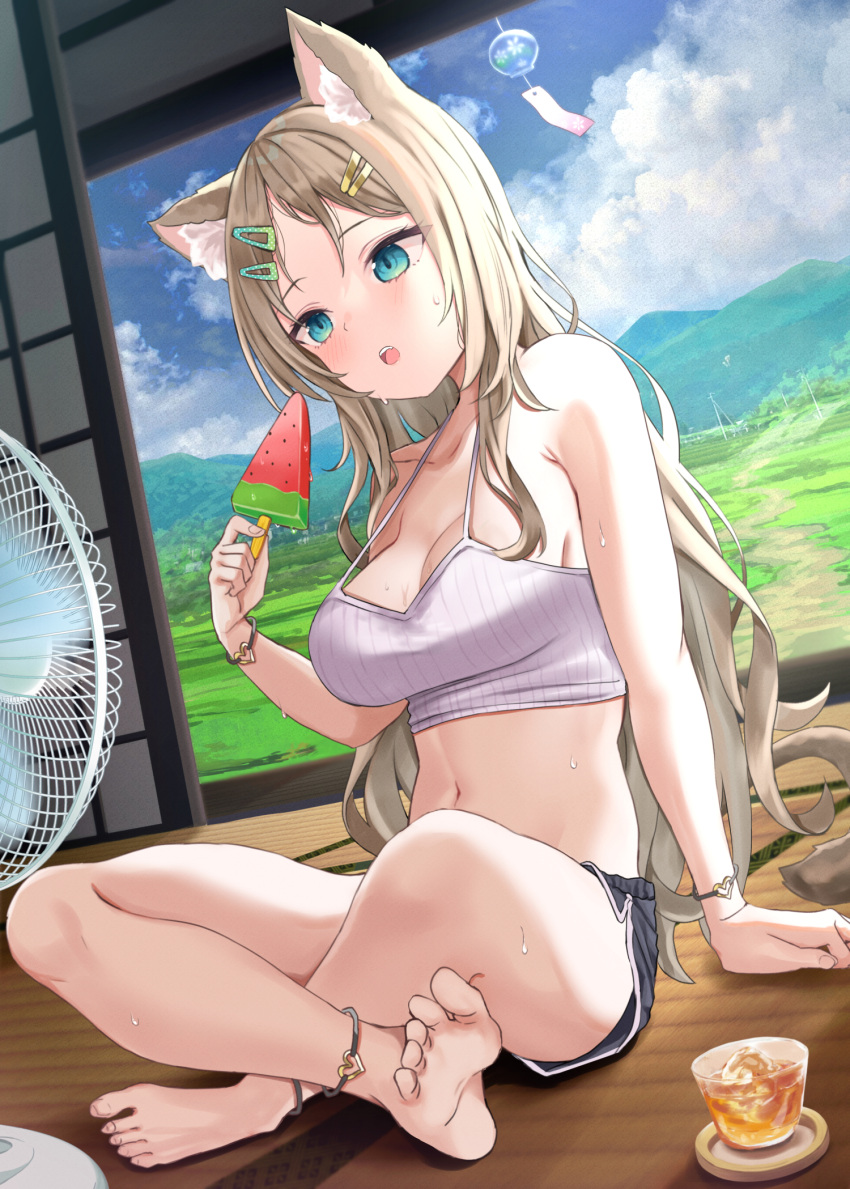1girl akino_ell animal_ears armpit_crease bare_arms bare_legs bare_shoulders barefoot black_shorts bracelet breasts camisole cat_ears cat_girl cat_tail crop_top day dolphin_shorts electric_fan food hair_ornament hairclip halterneck highres holding hot indian_style jewelry long_hair medium_breasts midriff navel open_mouth original popsicle ribbed_shirt shirt short_shorts shorts sitting sleeveless sleeveless_shirt solo spaghetti_strap stomach strap_gap sunlight sweat tail thighs veranda watermelon_bar white_shirt