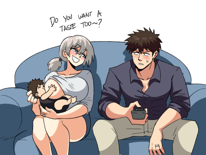 1boy 1girl alternate_hairstyle baby blush breastfeeding breasts brown_hair controller couch couple family green_eyes grey_hair highres husband_and_wife jewelry large_breasts mother_and_child remote_control ring sakurai_shin'ichi thick_thighs thighs tina_fate uzaki-chan_wa_asobitai! uzaki_hana
