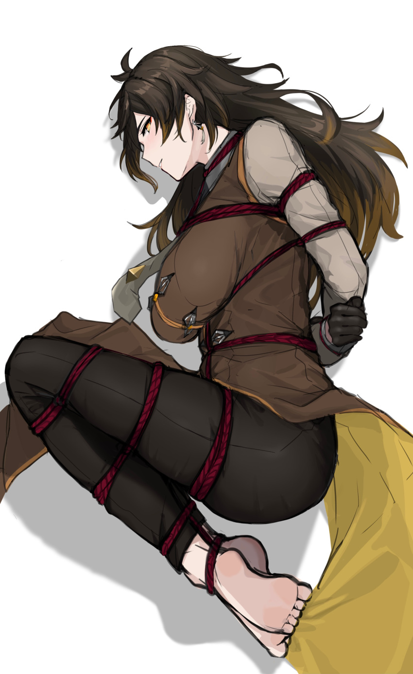 1girl absurdres arms_behind_back bangs barefoot black_gloves black_hair black_pants blush bound breasts brown_hair brown_vest commentary earrings feet genderswap genderswap_(mtf) genshin_impact gloves gradient_hair grey_shirt highres jewelry large_breasts long_hair long_sleeves looking_at_viewer lying multicolored_hair necktie on_side orange_eyes pants parted_lips pe1077 rope shadow shibari shibari_over_clothes shirt simple_background single_earring solo symbol-only_commentary tassel tassel_earrings vest white_background white_necktie zhongli_(genshin_impact)