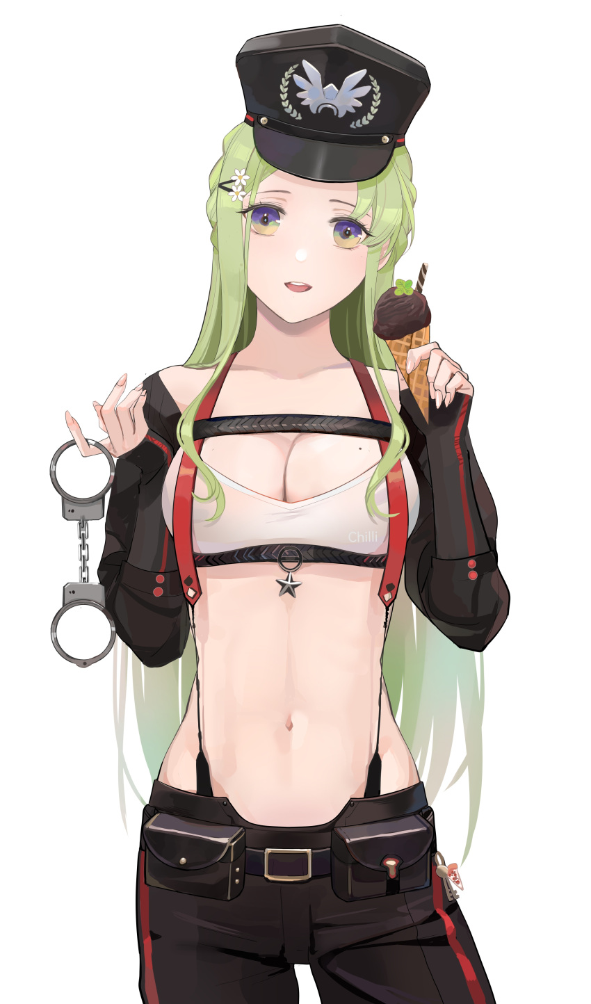 1girl absurdres bangs belt black_belt black_headwear black_pants black_sleeves blue_eyes braid breasts chilli_646 cleavage collarbone crop_top cuffs detached_sleeves feet_out_of_frame fingernails flower fp-6_(girls'_frontline) girls'_frontline green_eyes green_hair hair_flower hair_ornament hairclip handcuffs harness hat highres holding holding_handcuffs holding_ice_cream light_blush long_hair long_sleeves looking_at_viewer medium_breasts mole mole_on_breast multicolored_eyes navel open_mouth pants peaked_cap shirt solo standing stomach suspender_panties teeth upper_teeth whistle white_background white_shirt yellow_eyes