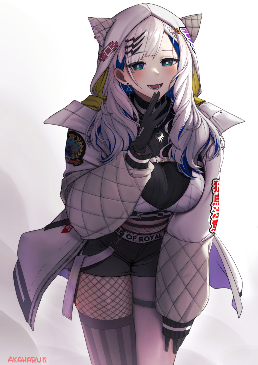 1girl absurdres akaharuu animal_hood aqua_eyes asymmetrical_legwear bangs belt black_gloves blue_hair blush braid breasts choker cowboy_shot crop_top earrings eyes_visible_through_hair fishnets gloves grey_hair hand_up highres hololive hololive_indonesia hood hooded_jacket jacket jewelry large_breasts leaning_forward multicolored_hair open_clothes open_jacket open_mouth parted_bangs pavolia_reine smile solo streaked_hair striped striped_thighhighs thighhighs vertical-striped_thighhighs vertical_stripes virtual_youtuber