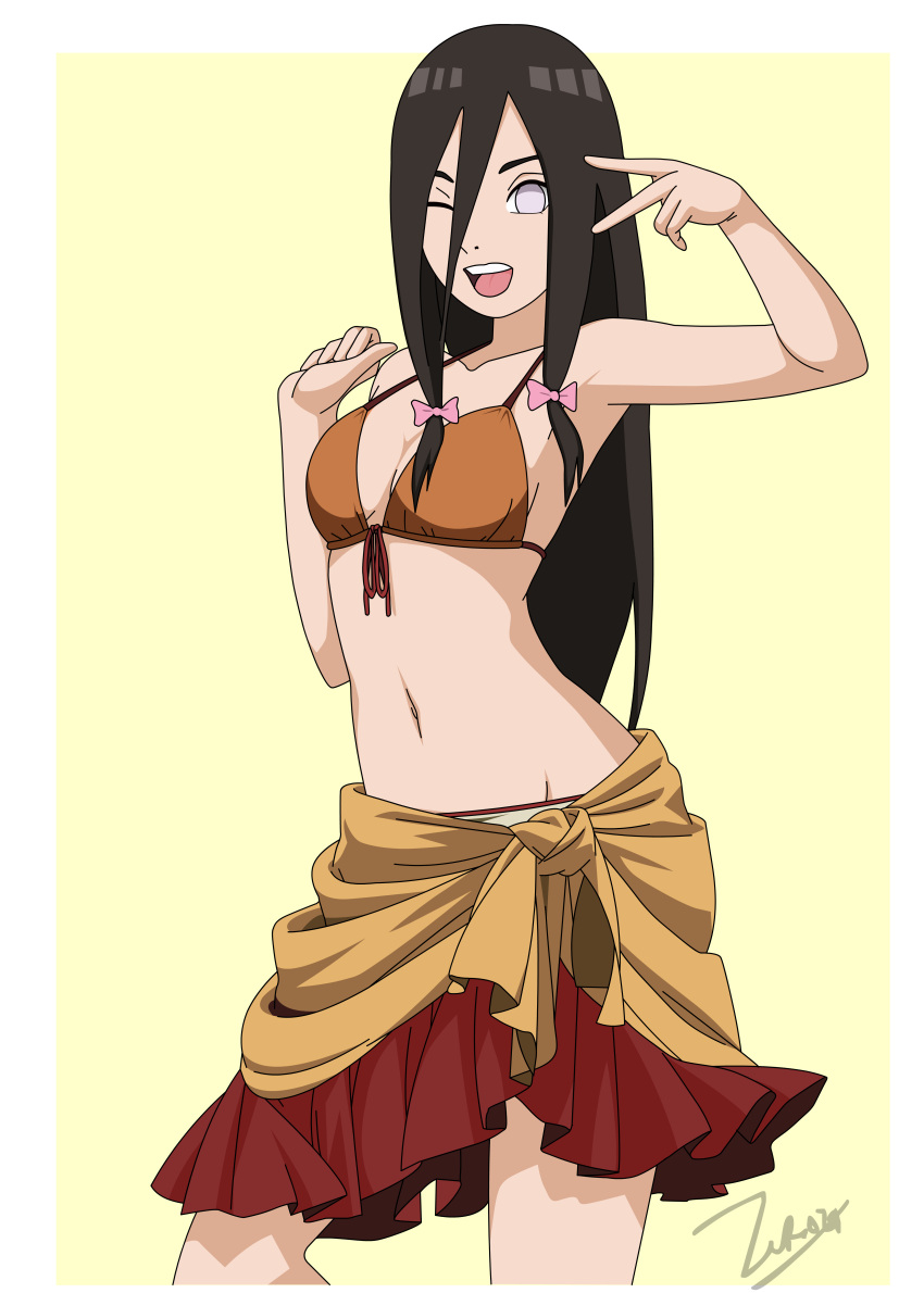 1girl ;d absurdres armpits bangs bare_arms bikini bikini_top_only black_hair border boruto:_naruto_next_generations bow breasts brown_bikini brown_ribbon cleavage collarbone front-tie_bikini front-tie_top grey_border grey_eyes groin hair_between_eyes hair_bow highres hyuuga_hanabi layered_skirt long_hair naruto_(series) navel one_eye_closed open_mouth pink_bow red_skirt ribbon shiny shiny_hair signature skirt small_breasts smile solo standing straight_hair swimsuit v very_long_hair yellow_background zero024