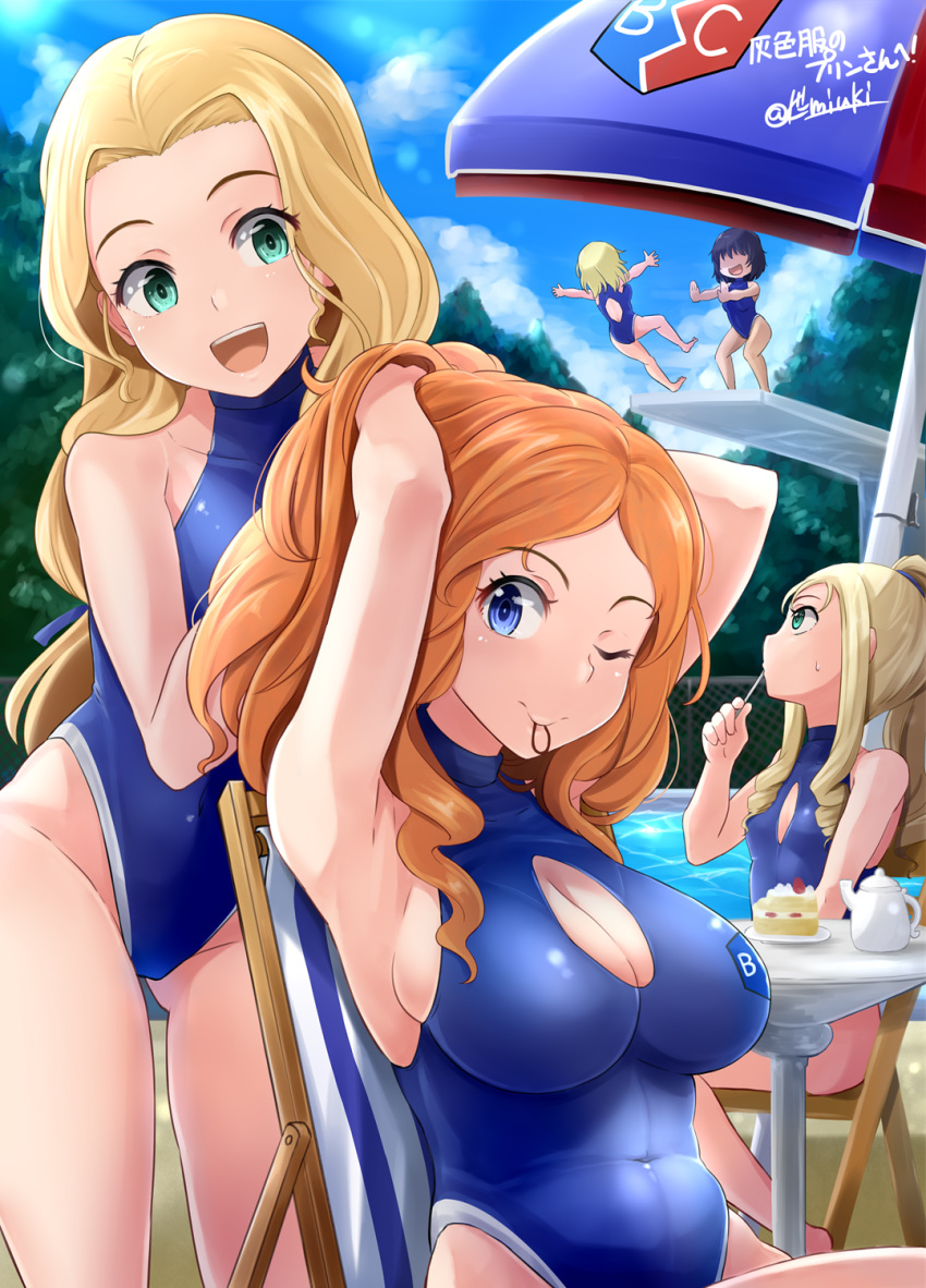 5girls :d ;) alternate_costume andou_(girls_und_panzer) bc_freedom_(emblem) black_hair blonde_hair blue_eyes blue_ribbon blue_swimsuit cake cleavage_cutout clothing_cutout commission dark-skinned_female dark_skin diving_board drill_hair eating emblem food girls_und_panzer green_eyes hair_ribbon highres holding holding_spoon isabe_(girls_und_panzer) kitayama_miuki long_hair looking_at_viewer looking_to_the_side looking_up low-tied_long_hair marie_(girls_und_panzer) medium_hair multiple_girls one-piece_swimsuit one_eye_closed orange_hair oshida_(girls_und_panzer) parasol ribbon sitting skeb_commission smile sofue_(girls_und_panzer) spoon swimsuit teapot twitter_username tying_hair umbrella utensil_in_mouth