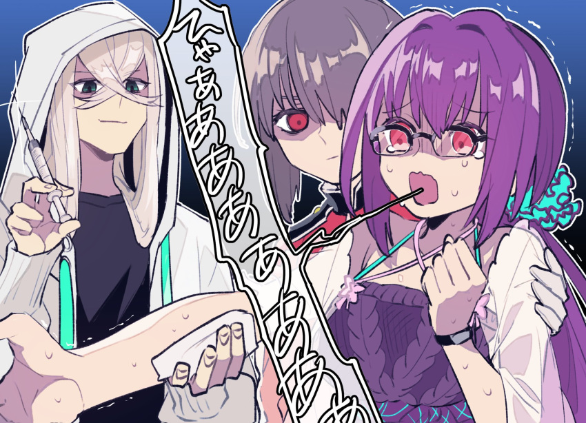 1boy 2girls asclepius_(fate) asclepius_(summer_rescue)_(fate) bangs crossed_bangs fate/grand_order fate_(series) florence_nightingale_(fate) glasses gradient gradient_background green_eyes grey_hair highres kimidorix32 long_hair multiple_girls pink_hair purple_hair red_eyes scathach_(fate) scathach_skadi_(fate) scathach_skadi_(swimsuit_ruler)_(fate) sweat sweater syringe wavy_mouth