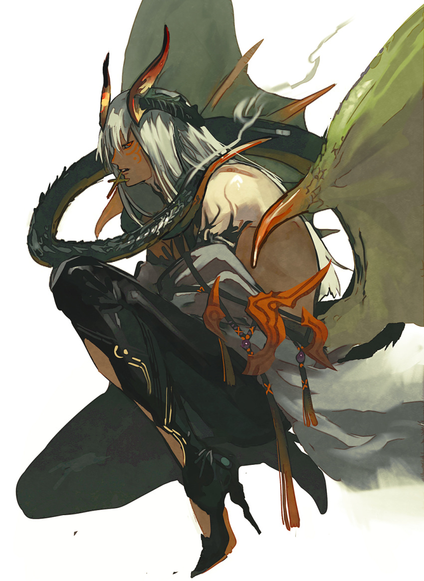 1boy black_footwear black_skin colored_skin cross dragon_boy dragon_horns dragon_tail dragon_wings full_body grey_hair harurie high_heels highres horns knee_up long_hair looking_at_viewer male_focus mouth_hold multicolored_skin orange_horns original red_eyes red_horns scales smoke solo squatting stiletto_heels tail white_background wings yellow_horns