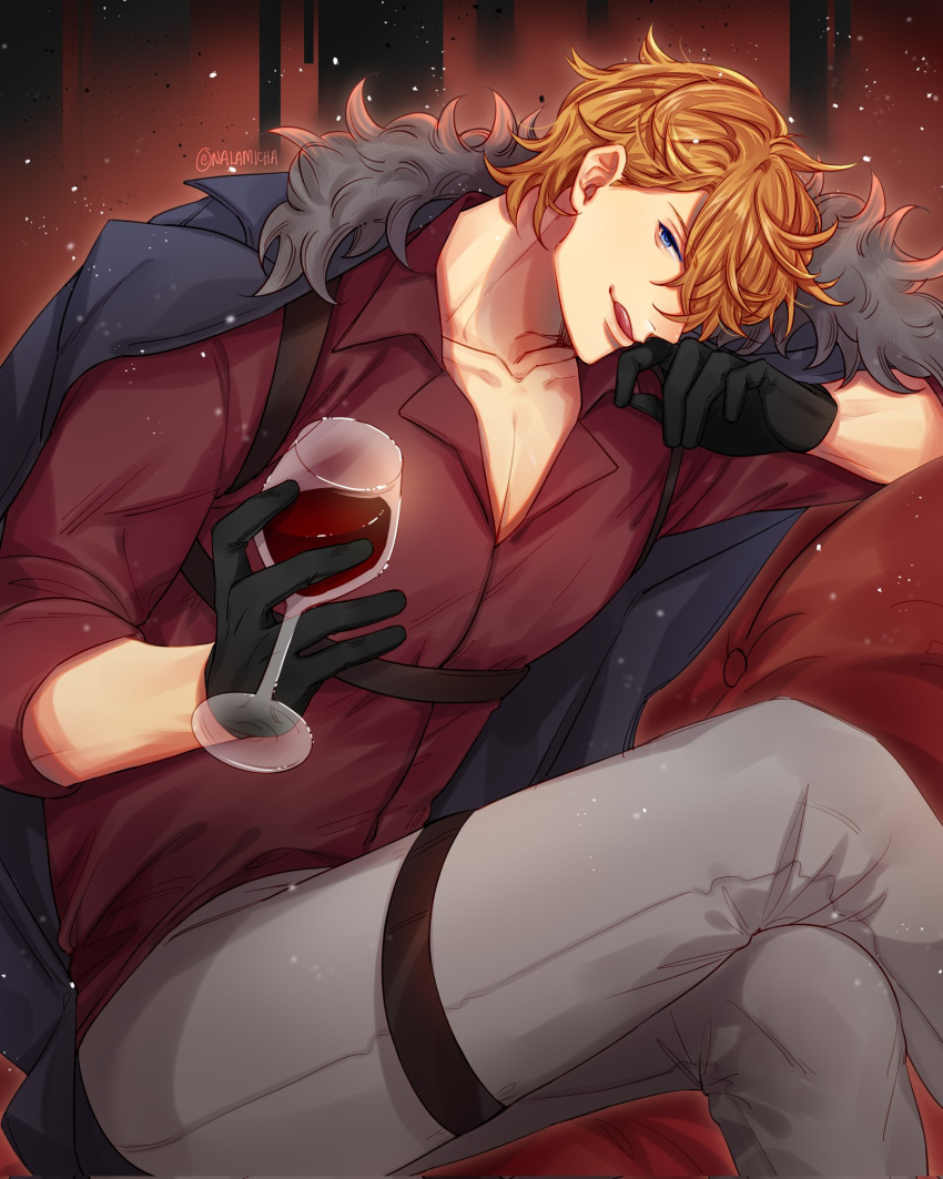 1boy alcohol artist_name blue_eyes brown_hair chest_belt coat collared_shirt couch crossed_legs cup drinking_glass genshin_impact gloves hand_on_own_face highres leather leather_belt looking_at_viewer male_focus mature_male nalamicha one_eye_covered open_clothes open_coat pants shirt short_hair sitting smirk solo spiked_hair tartaglia_(genshin_impact) tongue tongue_out twitter_username wine wine_glass