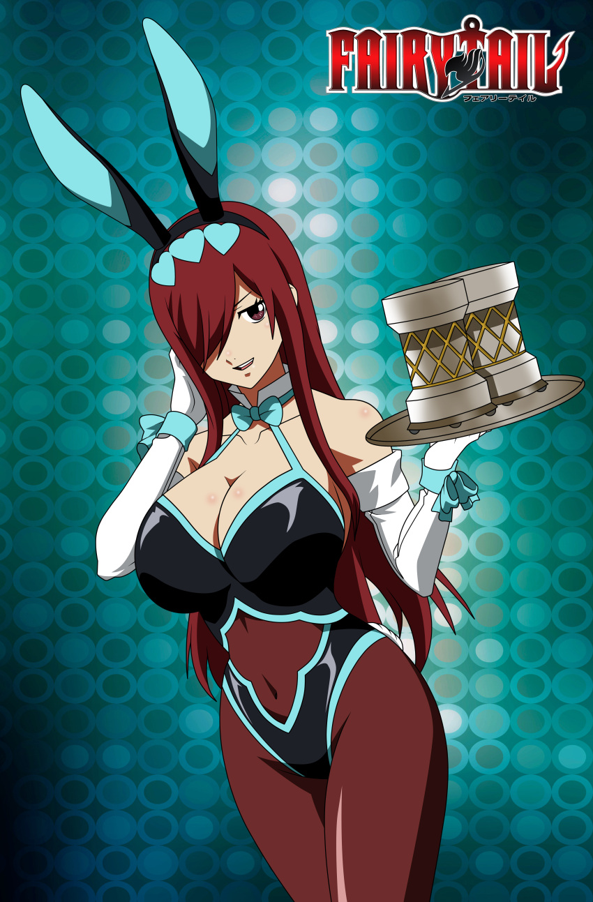 absurdres animal_ears breasts cdzdbzgoku curvy derivative_work erza_scarlet fairy_tail hair_over_one_eye highres large_breasts long_hair playboy_bunny rabbit_ears red_hair smile thighs waitress