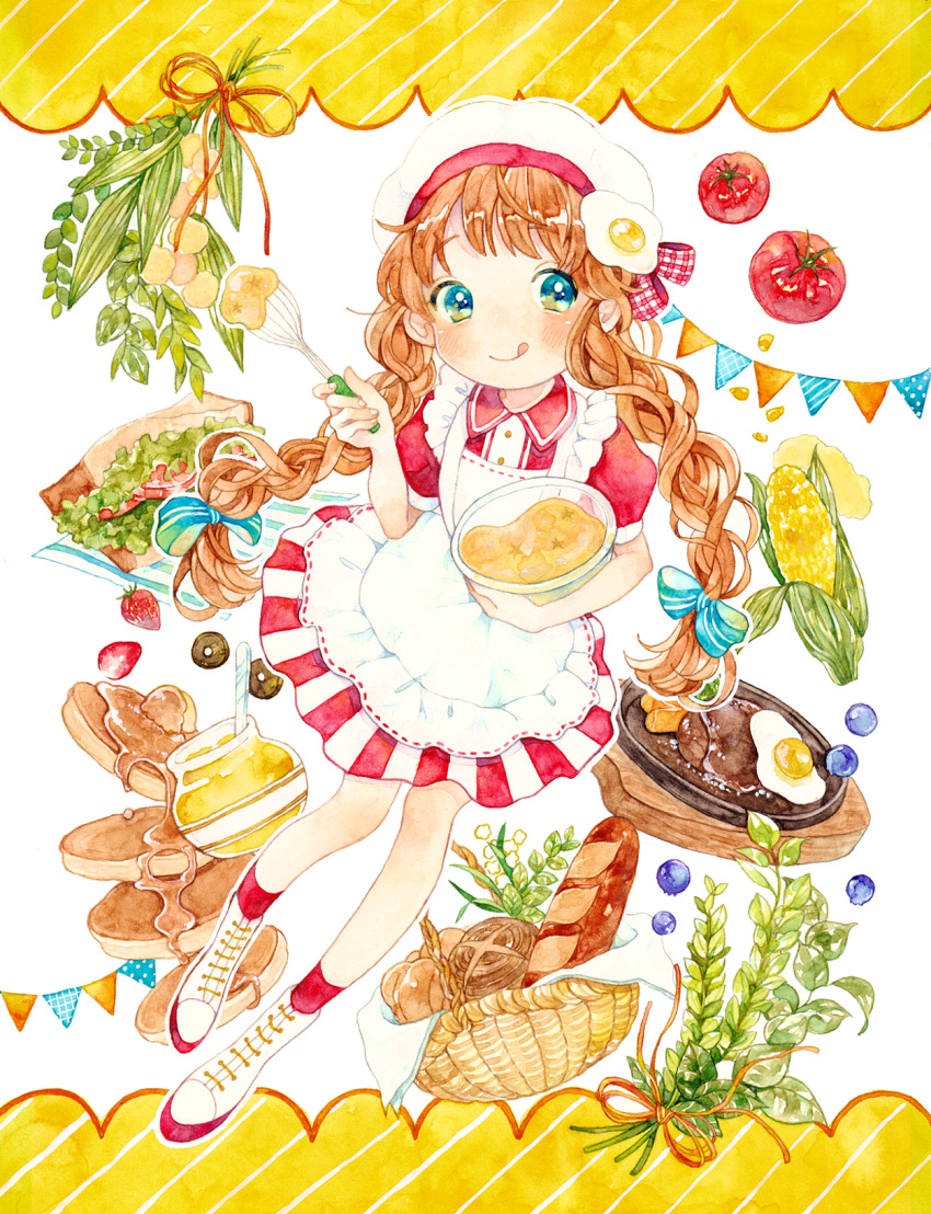 1girl :p apron baguette bangs basket blue_eyes blueberry blush boots bowl braid bread brown_hair chef collared_shirt cooking corn_cob dress egg food fruit hair_ribbon hat hat_ornament hat_ribbon herb_bundle highres holding holding_bowl holding_whisk honey jar lettuce licking_lips long_hair mameyanagi original painting_(medium) pancake pancake_stack plant ribbon ribbon_trim sandwich shirt short_sleeves socks solo string_of_flags syrup tomato tongue tongue_out traditional_media twin_braids very_long_hair watercolor_(medium) whisk