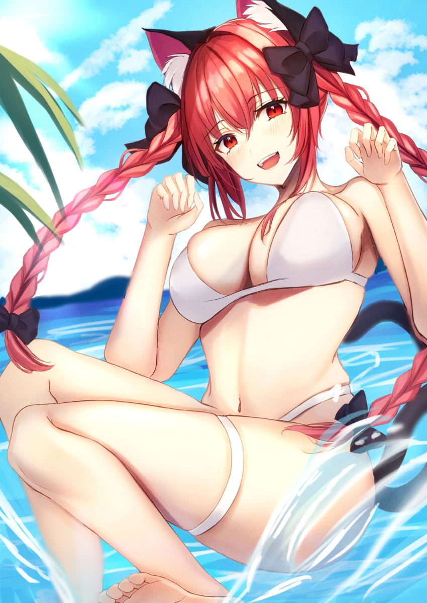 .me 1girl animal_ears barefoot beach bikini black_bow blue_sky blurry blurry_background bow braid breasts cat_ears claw_pose cloud cloudy_sky day depth_of_field floating_hair foot_out_of_frame hair_bow hands_up highres kaenbyou_rin large_breasts long_hair looking_at_viewer navel ocean open_mouth outdoors red_hair sky splashing swimsuit teeth toes touhou twin_braids upper_teeth very_long_hair water white_bikini
