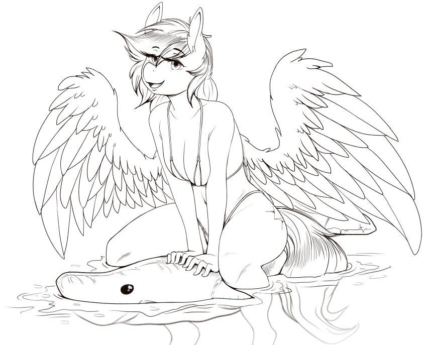 absurd_res array_(oc) bikini breasts cleavage clothed clothing fan_character feathered_wings feathers fish hasbro hi_res line_art looking_at_viewer marine monochrome my_little_pony replica_(artist) shark spread_wings swimwear wings
