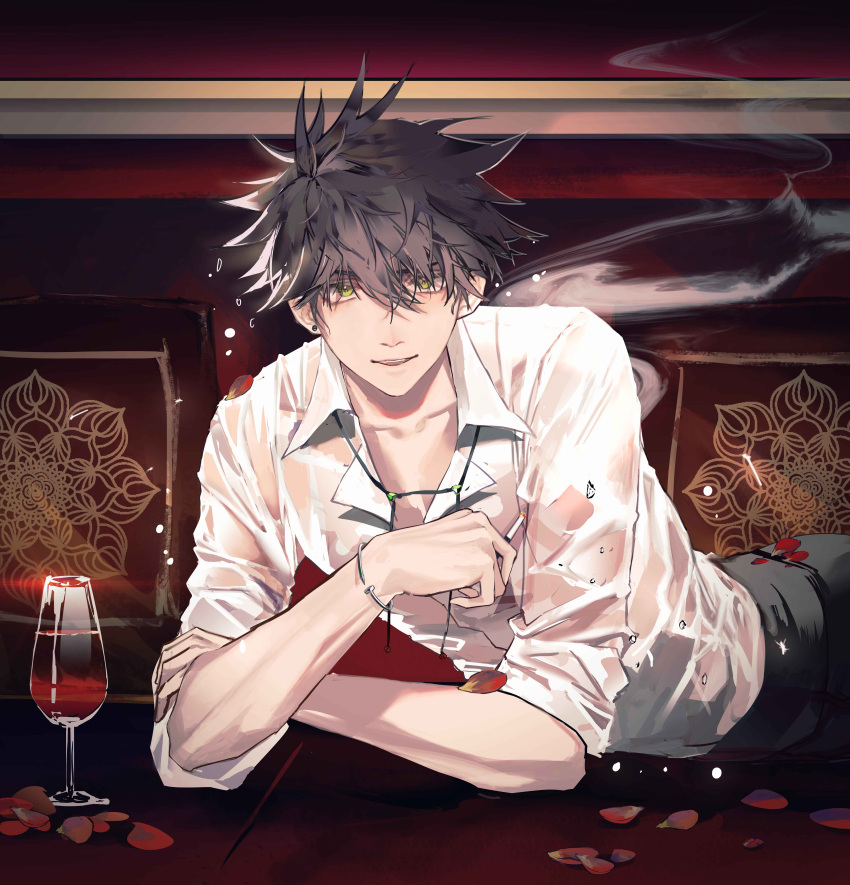 1boy absurdres alcohol bangs black_hair black_pants cigarette commentary_request cup drinking_glass earrings english_commentary fushiguro_megumi green_eyes hair_between_eyes highres holding holding_cigarette ikag indoors jewelry jujutsu_kaisen looking_at_viewer lying male_focus on_stomach pants petals shirt short_hair smile smoke solo spiked_hair unbuttoned unbuttoned_shirt white_shirt wine wine_glass