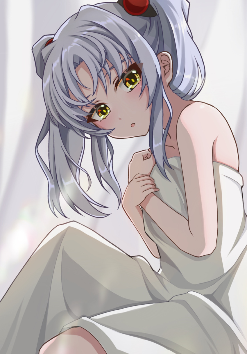 1girl bangs bare_arms bare_shoulders bed_sheet blush collarbone grey_hair hair_ornament highres hoshino_ruri kidou_senkan_nadesico long_hair looking_at_viewer naked_sheet open_mouth ru-ha shiny shiny_hair sitting solo twintails yellow_eyes