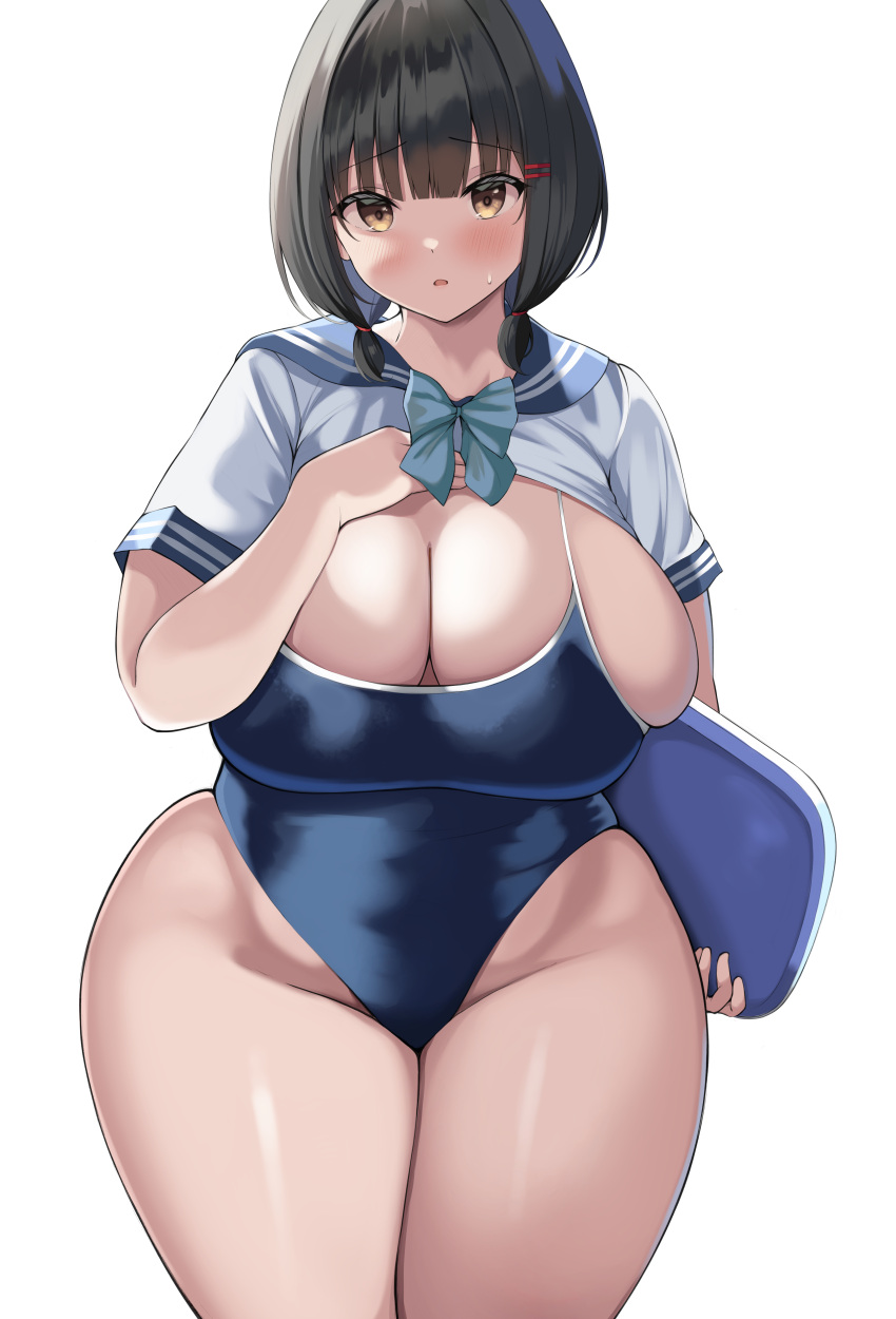 1girl absurdres bangs black_hair blue_bow blue_bowtie blue_sailor_collar blue_swimsuit blunt_bangs bow bowtie breasts clothes_lift highres holding huge_breasts looking_at_viewer neneneji one-piece_swimsuit original plump sailor_collar school_uniform shirt shirt_lift short_hair short_sleeves short_twintails simple_background solo swimsuit thick_thighs thighs twintails white_background white_shirt yellow_eyes