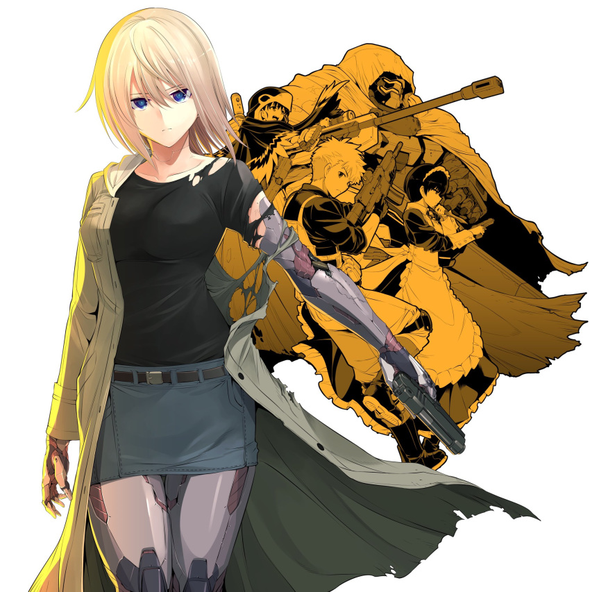 android apron blonde_hair blue_eyes cloak coat diva_duo_(mechanical_buddy_universe) gun hair_between_eyes handgun hawkeye_girl_(mechanical_buddy_universe) highres hood hooded_cloak hooded_coat hooded_jacket humanoid_robot ishiyumi jacket joints long_skirt long_sleeves maid maid_(mechanical_buddy_universe) maid_apron maid_headdress mecha mechanical_arms mechanical_buddy_universe mechanical_legs mechanical_parts momdroid_(mechanical_buddy_universe) mother_and_son overcoat robot robot_joints scar scar_on_face science_fiction short_hair skirt son_of_droid_(mechanical_buddy_universe) sweatshirt tgp11s_hawkeye_(mechanical_buddy_universe) weapon