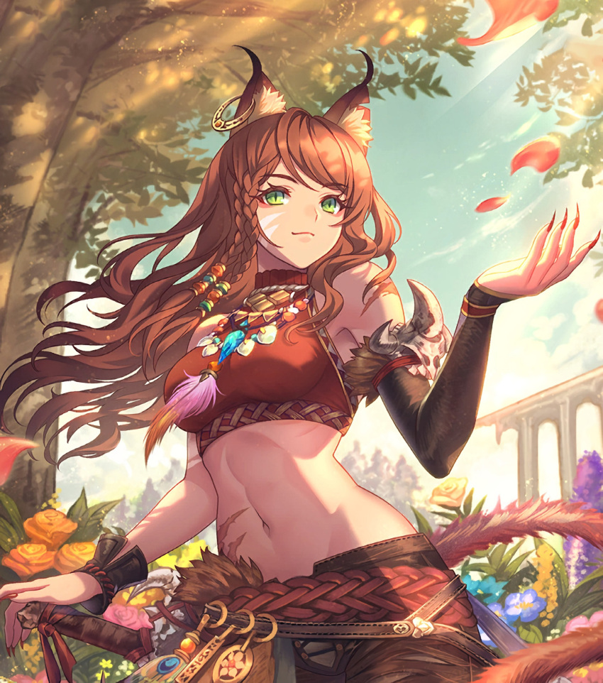 1girl alternate_costume animal_ears artist_request breasts brown_hair cat_ears cat_girl cat_tail closed_mouth crop_top day earrings everlasting_summer flower green_eyes highres jewelry long_hair medium_breasts midriff navel necklace outdoors petals scar short_braid single_earring slit_pupils smile solo source_request stomach tail tree uvao-tan