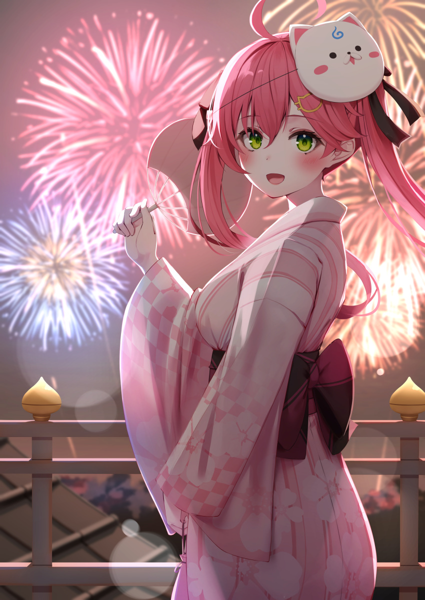 1girl 35p_(sakura_miko) :d absurdres aerial_fireworks cat_mask fireworks green_eyes hand_fan highres holding holding_fan hololive japanese_clothes kimono mask mask_on_head nyan_(reinyan_007) paper_fan pink_hair pink_kimono sakura_miko smile solo twintails uchiwa virtual_youtuber