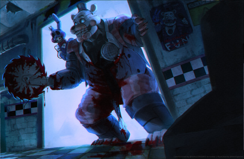 absurd_res animatronic anthro blade_arm blood blood_everywhere blood_on_arm blood_on_clothing blood_on_feet blood_on_weapon bodily_fluids buzzsaw clothing colored detailed_background dismemberment english_text five_nights_at_freddy's funtime_freddy_(fnafsl) glowing glowing_eyes gore hi_res iamespecter machine male mammal poster_(object) robot scottgames sister_location smile solo text ursid video_games weapon