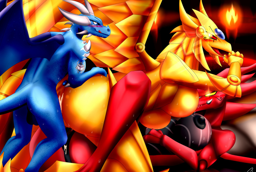 anthro big_breasts black_nipples bludraconoid breasts dragon duel_monster eye_of_horus female group male male/female nipples red_body slifer_the_sky_dragon story story_at_source story_in_description the_winged_dragon_of_ra trio yellow_body yu-gi-oh!
