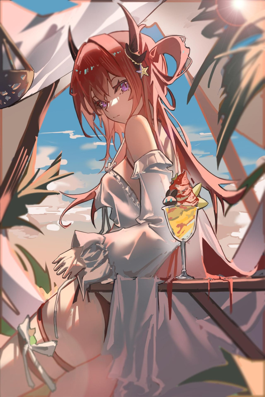 1girl against_table arknights ass bare_shoulders bikini black_bikini blue_sky breasts closed_mouth cloud cup day detached_sleeves food from_behind hair_ornament hair_rings highres horns ice_cream long_hair long_sleeves looking_at_viewer looking_back medium_breasts official_alternate_costume outdoors purple_eyes red_hair sky solo star_(symbol) star_hair_ornament sunlight surtr_(arknights) surtr_(colorful_wonderland)_(arknights) swimsuit swimsuit_cover-up table thigh_strap very_long_hair wen54