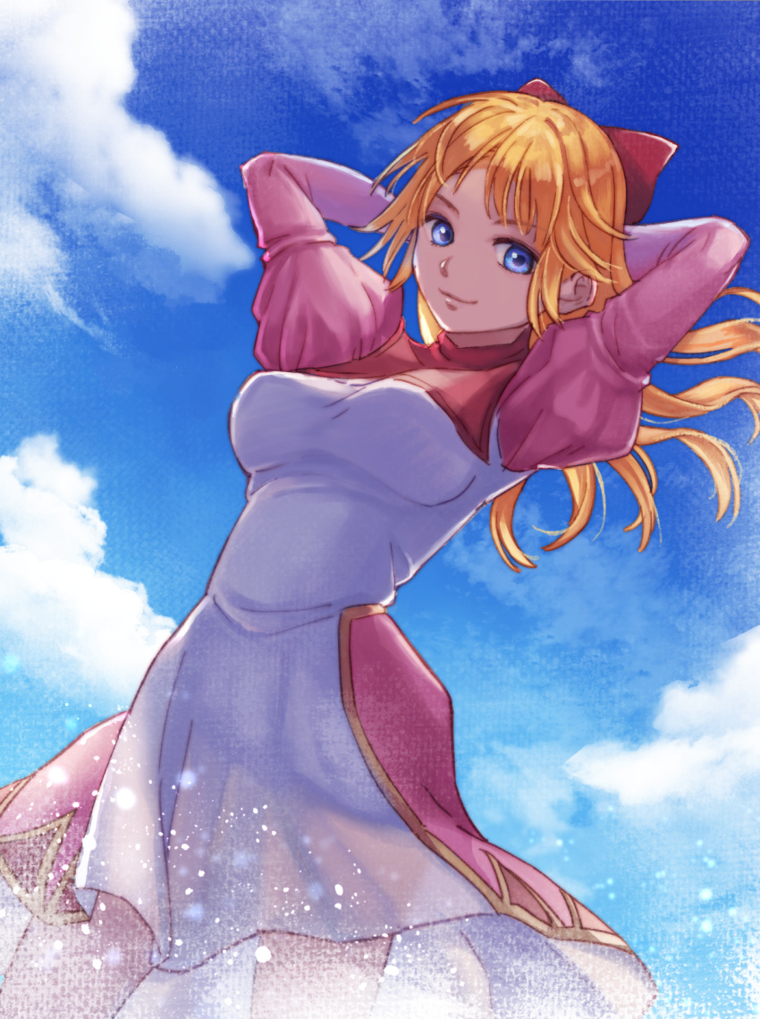 1girl arms_behind_head bangs blonde_hair blue_eyes bow breasts chrono_cross cloud cloudy_sky cowboy_shot dress hair_bow highres juliet_sleeves kid_(chrono_cross) long_hair long_sleeves looking_at_viewer medium_breasts official_alternate_costume outdoors pink_bow pink_dress puffy_sleeves sky smile solo turtleneck two-tone_dress white_dress yawaraka_bear