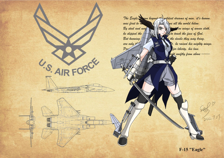 1girl ahoge aircraft airplane airplane_wing black_necktie black_thighhighs blue_coat coat f-15_eagle faintxp feathered_wings fighter_jet full_body grey_eyes grey_shirt grey_shorts head_wings highres holding holding_sheath holding_sword holding_weapon jet katana machinery mecha_musume medium_hair military military_vehicle missile necktie original personification scabbard sheath shirt short_shorts short_sleeves shorts sleeveless_coat solo sword thighhighs unsheathed weapon white_hair wings