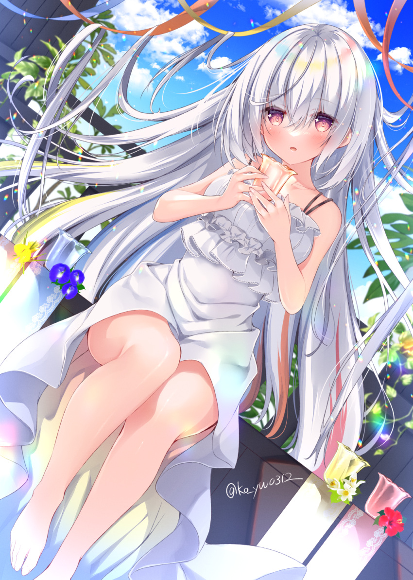 1girl bangs bare_arms bare_shoulders barefoot blue_flower blue_sky breasts cloud collarbone commentary_request day dress flower grey_hair hair_between_eyes highres holding ko_yu long_hair medium_breasts original outdoors red_eyes red_flower sky sleeveless sleeveless_dress solo sundress very_long_hair white_dress white_flower yellow_flower