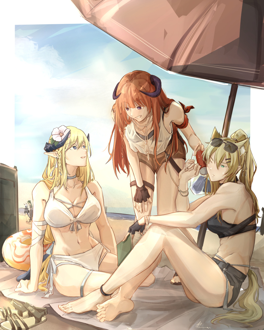 5girls alternate_hairstyle arknights arm_ribbon arm_support bagpipe_(arknights) bangs bare_legs bare_shoulders barefoot beach beach_umbrella bikini black_bikini blonde_hair blue_eyes braid breasts brown_shorts ch'en_(arknights) cleavage commentary_request flower gouliangkuosanyidiandian green_eyes grin hair_flower hair_ornament hand_up highres horn_(arknights) horns hoshiguma_(arknights) innertube large_breasts long_hair looking_at_another multiple_girls one_eye_closed orange_hair outdoors pointy_ears ponytail purple_eyes ribbon saileach_(arknights) shirt short_shorts shorts side-tie_bikini single_braid sleeveless sleeveless_shirt smile swimsuit thigh_strap thighs umbrella very_long_hair white_bikini white_flower white_ribbon white_shirt