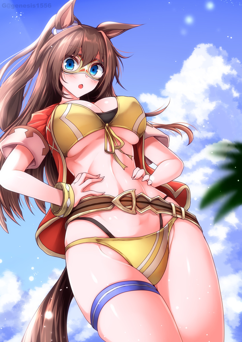 1girl :o animal_ears bangs belt bikini blue_eyes blue_sky blush breasts brown_belt brown_hair cloud commentary_request cowboy_shot day el_condor_pasa_(umamusume) eye_mask front-tie_bikini front-tie_top g_(genesis1556) half_updo highres horse_ears jacket large_breasts long_hair looking_at_viewer multi-strapped_bikini open_clothes open_jacket open_mouth red_jacket short_sleeves sky solo standing stomach swimsuit thigh_strap thighs umamusume very_long_hair yellow_bikini