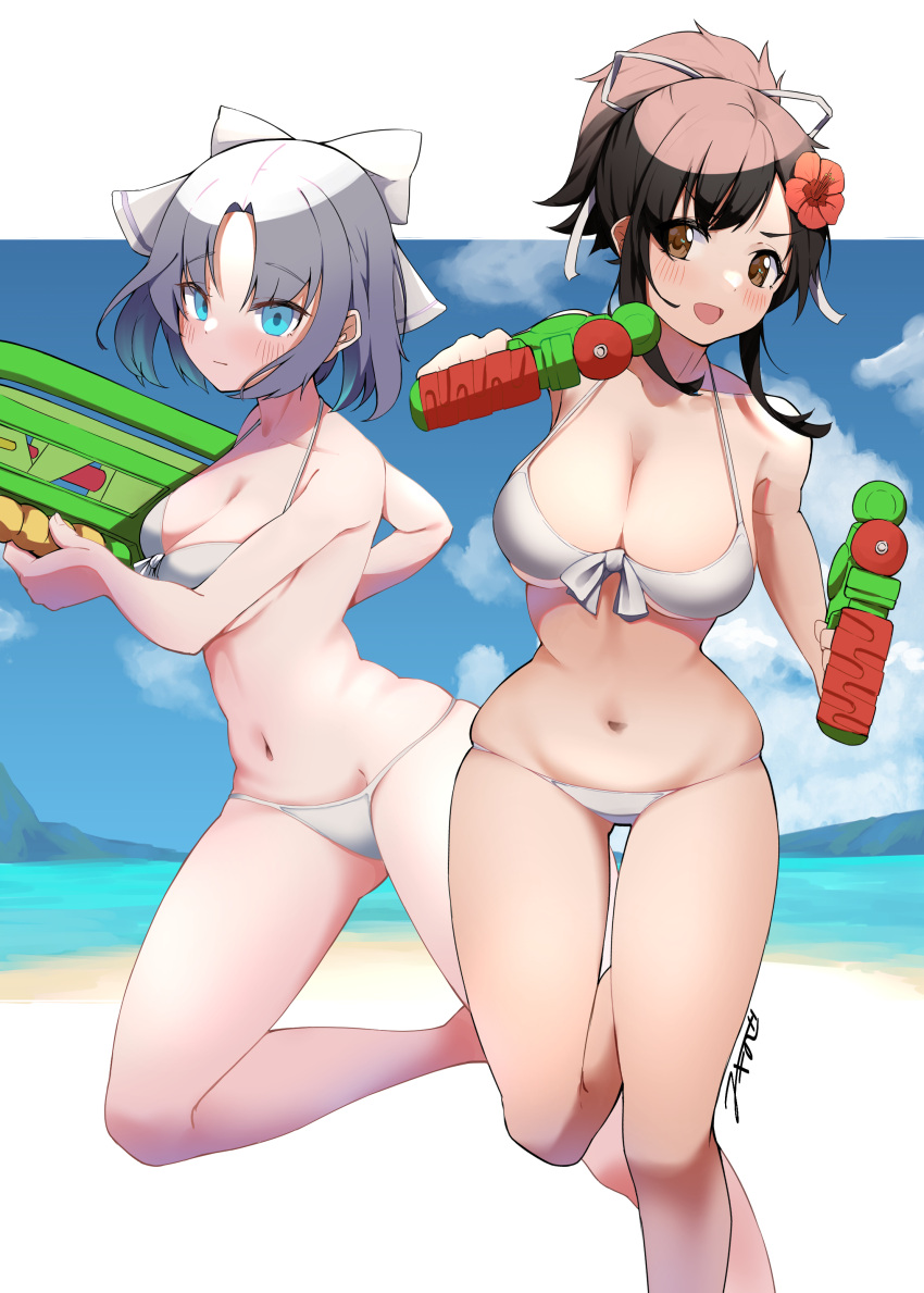 2girls absurdres akinoji_(akiponpon27) asuka_(senran_kagura) bikini blue_eyes blue_hair bow breasts brown_eyes brown_hair cleavage flower front-tie_bikini front-tie_top hair_bow hair_flower hair_ornament highres large_breasts looking_at_viewer multiple_girls navel ponytail senran_kagura senran_kagura_estival_versus senran_kagura_shinovi_versus short_hair swimsuit water_gun yumi_(senran_kagura)