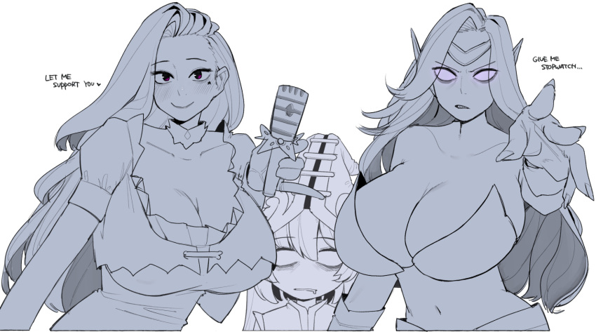 3girls bare_shoulders blush breast_envy breasts cleavage collarbone english_text highres large_breasts league_of_legends long_hair lulu_(league_of_legends) microphone mole mole_under_eye morgana_(league_of_legends) multiple_girls navel ohasi pointy_ears seraphine_(league_of_legends)