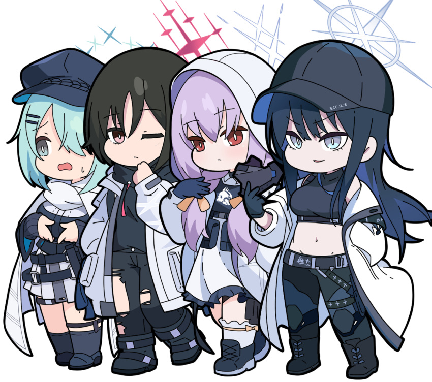 4girls atsuko_(blue_archive) backpack bag bangs baseball_cap black_footwear black_gloves black_hair black_headwear black_hoodie black_pants black_shirt blue_archive blue_eyes blue_gloves blue_hair boots breasts cabbie_hat chibi closed_mouth collared_shirt commentary commentary_request crop_top earrings full_body gloves groin hair_between_eyes hair_over_shoulder halo hand_in_pocket hand_up hat hiyori_(blue_archive) holding hood hood_down hood_up hooded_jacket hoodie jacket jewelry long_hair long_sleeves looking_at_viewer looking_away low_twintails medium_breasts midriff misaki_(blue_archive) multicolored_hair multiple_girls navel nyaru_(nyaru_4126) off_shoulder one_eye_closed open_clothes open_jacket open_mouth pants parted_lips pleated_skirt ponytail puffy_long_sleeves puffy_sleeves purple_hair red_eyes saori_(blue_archive) shirt shoes skirt sleeves_past_wrists smile socks standing stud_earrings sweat torn_clothes torn_pants twintails two-tone_hair v-shaped_eyebrows very_long_hair walking wavy_mouth white_background white_jacket white_shirt white_skirt white_socks