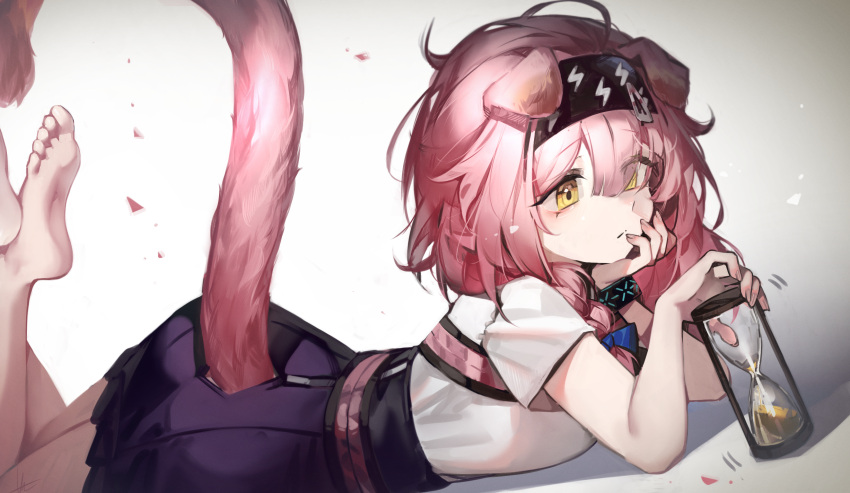 1girl animal_ears arknights barefoot black_bracelet black_hairband black_skirt blue_bow bow braid cat_ears cat_girl cat_tail feet_up floppy_ears foot_out_of_frame goldenglow_(arknights) hair_bow hairband head_rest highres holding_hourglass infection_monitor_(arknights) libiadan lightning_bolt_print long_hair lying on_stomach pink_hair print_hairband shirt short_sleeves simple_background skirt solo tail tail_through_clothes white_background white_shirt yellow_eyes