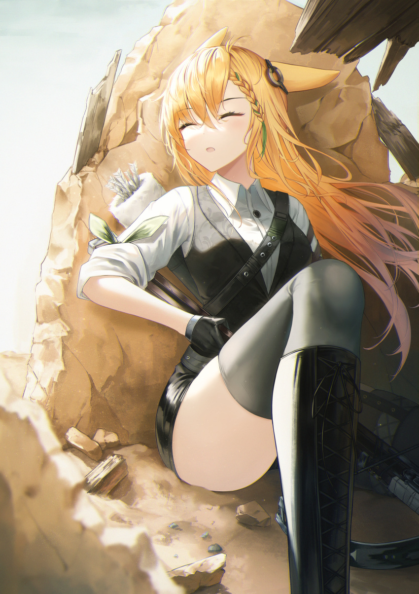 1girl absurdres against_rock animal_ears arknights arrow_(projectile) bangs belt black_footwear black_shorts black_vest blonde_hair boots braid closed_eyes collared_shirt cross-laced_footwear crossbow feet_out_of_frame flippy_(cripine111) grey_thighhighs highres holding holding_weapon knee_boots knee_up kroos_(arknights) kroos_the_keen_glint_(arknights) lace-up_boots long_hair on_ground open_mouth quiver rabbit_ears shirt short_shorts short_sleeves shorts side_braid simple_background solo thighhighs thighs very_long_hair vest weapon white_shirt