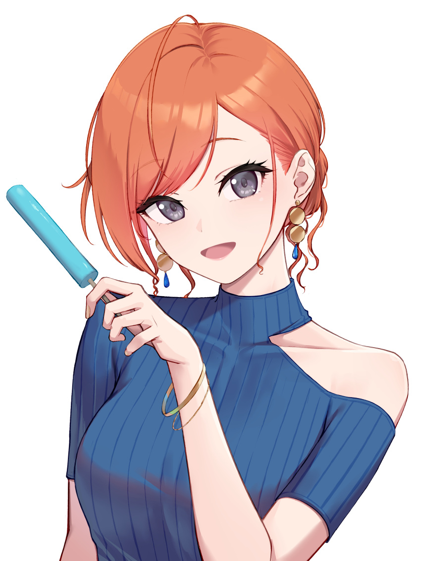 1girl absurdres ahoge arisugawa_natsuha bangs blue_shirt blush bracelet breasts clothing_cutout earrings highres holding_ice_cream ice_cream_bar idolmaster idolmaster_shiny_colors jewelry large_breasts looking_at_viewer orange_hair ribbed_shirt shirt shoulder_cutout single_bare_shoulder sjuno smile solo swept_bangs upper_body wavy_hair