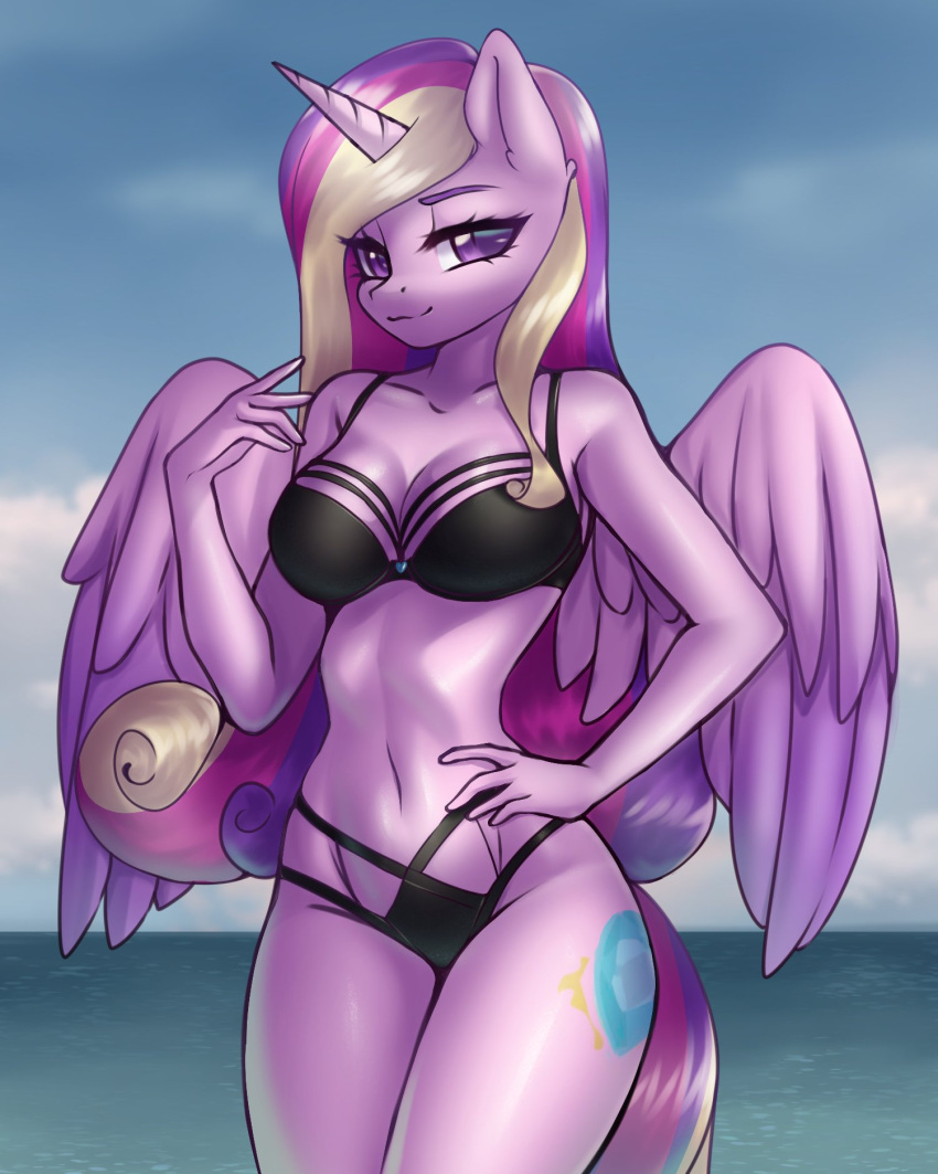 anthro anthrofied bikini blonde_hair breasts cleavage clothed clothing equid equine female friendship_is_magic hair hand_on_hip hasbro hi_res horn mammal multicolored_hair my_little_pony princess_cadance_(mlp) smile solo swimwear winged_unicorn wings yutakira92