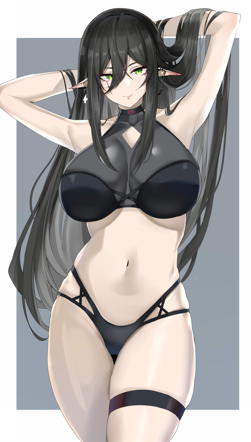 1girl absurdres armpits arms_up bangs bikini black_bikini black_hair breasts earrings green_eyes halterneck hands_in_hair highres indie_virtual_youtuber jewelry large_breasts layna_lazar long_hair looking_at_viewer maruyaa_(malya1006) messy_hair navel pointy_ears skindentation solo swimsuit thick_thighs thigh_strap thighs