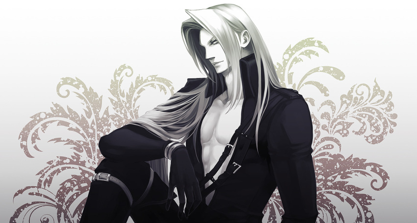1boy bangs black_gloves black_jacket black_pants final_fantasy final_fantasy_vii gloves grey_hair greyscale hair_over_shoulder high_collar jacket long_bangs long_hair looking_at_viewer male_focus monochrome muscular muscular_male open_clothes open_jacket pants parted_bangs pectorals sephiroth sitting solo thigh_strap upper_body yui_(nightflight)