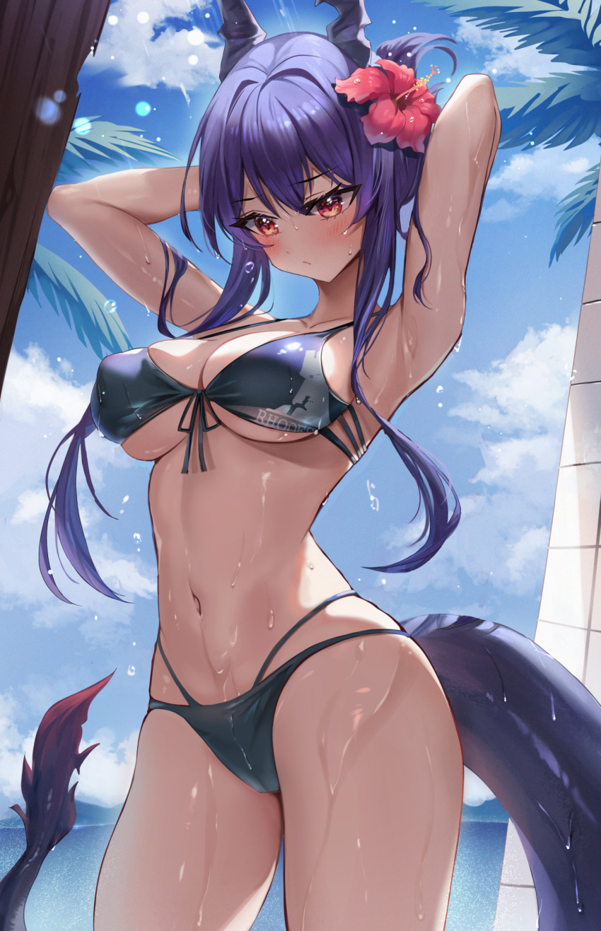 1girl arknights armpits arms_up bangs bare_arms bare_shoulders bikini blue_bikini blue_hair blue_sky blush breasts ch'en_(arknights) ch'en_the_holungday_(arknights) cloud collarbone commentary cowboy_shot day doco_(doco3811) dragon_horns dragon_tail flower folded_ponytail front-tie_bikini front-tie_top hair_flower hair_intakes hair_ornament highres horns large_breasts long_hair multi-strapped_bikini navel outdoors red_eyes sidelocks sky solo standing stomach swimsuit tail thighs tree very_long_hair wet
