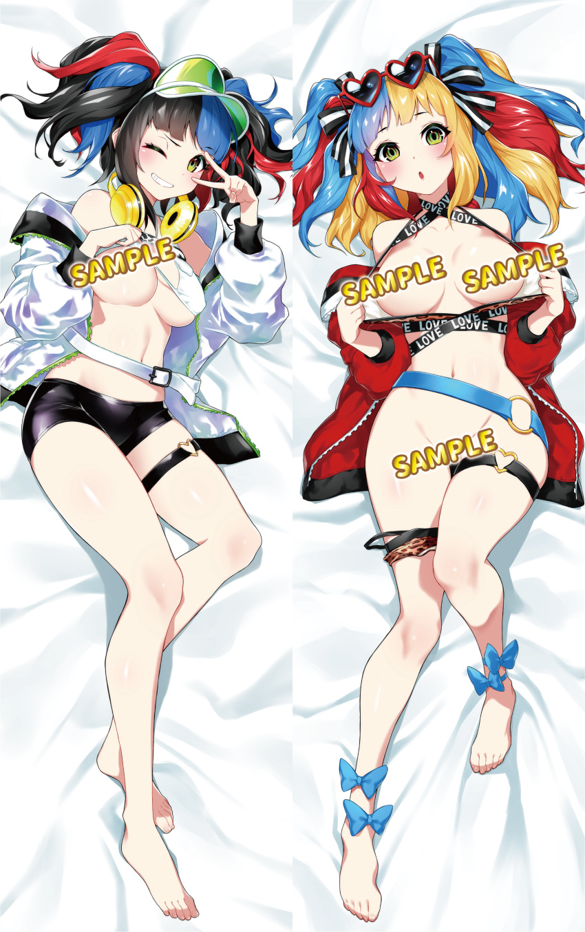 absurdres animal_print ankle_bow bikini bikini_pull bow breasts clothes_pull dakimakura_(medium) eyewear_on_head fate/grand_order fate_(series) grin headphones headphones_around_neck heart heart-shaped_eyewear highres jacket large_breasts leopard_print multicolored_hair navel omagacchu one_eye_closed red_jacket second-party_source sei_shounagon_(fate) sei_shounagon_(swimsuit_berserker)_(fate) sei_shounagon_(swimsuit_berserker)_(second_ascension)_(fate) short_shorts shorts smile sunglasses swimsuit text_censor thigh_strap twintails v_over_eye visor_cap white_jacket
