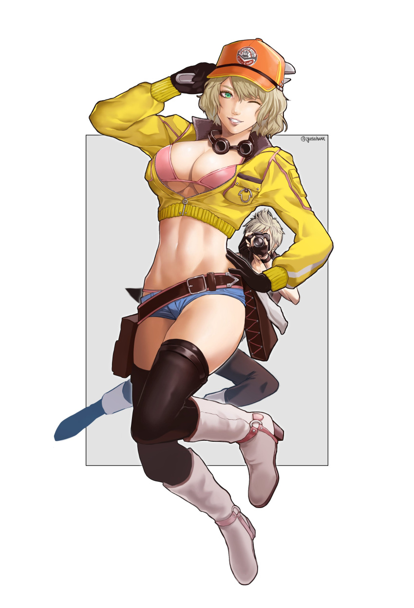 1boy 1girl absurdres arm_behind_head belt bikini black_gloves black_pants black_thighhighs blonde_hair blue_shorts boots border breasts camera cidney_aurum cleavage cropped_jacket denim denim_shorts final_fantasy final_fantasy_xv fingerless_gloves floating full_body gloves goggles goggles_around_neck green_eyes grey_background grin hair_between_eyes hand_on_hip hat highres holding holding_camera holding_wrench igusaharu jacket knee_boots large_breasts loose_belt midriff navel one_eye_closed orange_headwear pants pink_bikini prompto_argentum short_hair short_shorts shorts smile solo_focus swimsuit taking_picture teeth thighhighs wavy_hair white_footwear wrench yellow_jacket